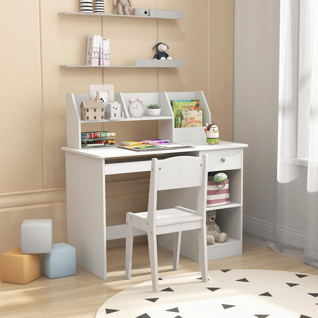 Giantex Kids Study Desk, Children Wooden Computer Desk with Hutch, Bookshelf, Keyboard Tray, Drawer, Storage Shelves, Student Writing Table Computer Workstation for Home School Use, White