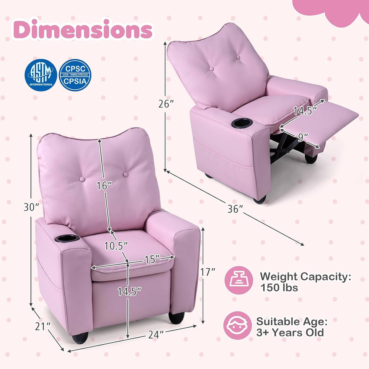 HONEY JOY Kids Recliner, PU Leather Toddler Sofa for Ages 3+ (Pink)