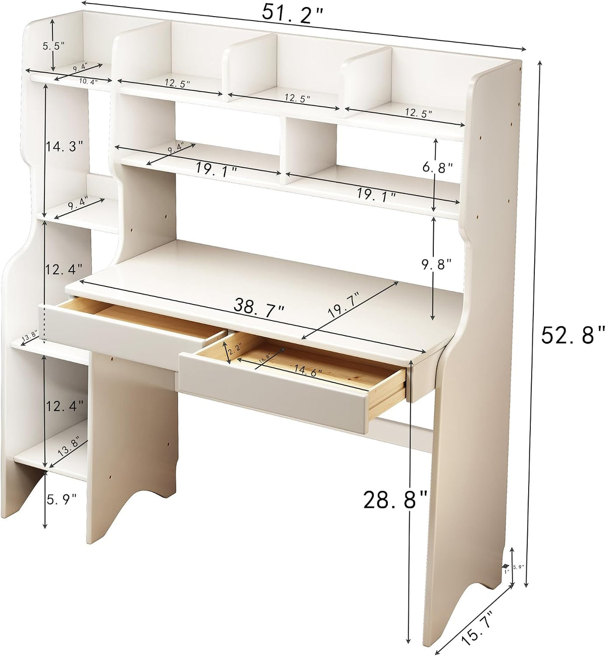 Kids Desk Kids Table with Bookshelf and Two Drawers Rubberwood Kids Media Desk Student Learning Computer Workstation and Writing Desk(White)