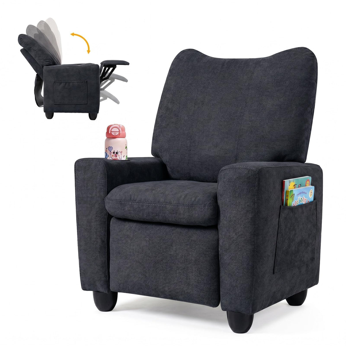 HONEY JOY Kids Recliner with Cup Holder, Chenille Fabric Upholstered Push Back Toddler Sofa w/Storage Pockets, Adjustable Backrest & Footrest, Child Reclining Chair for Ages 3+, Navy