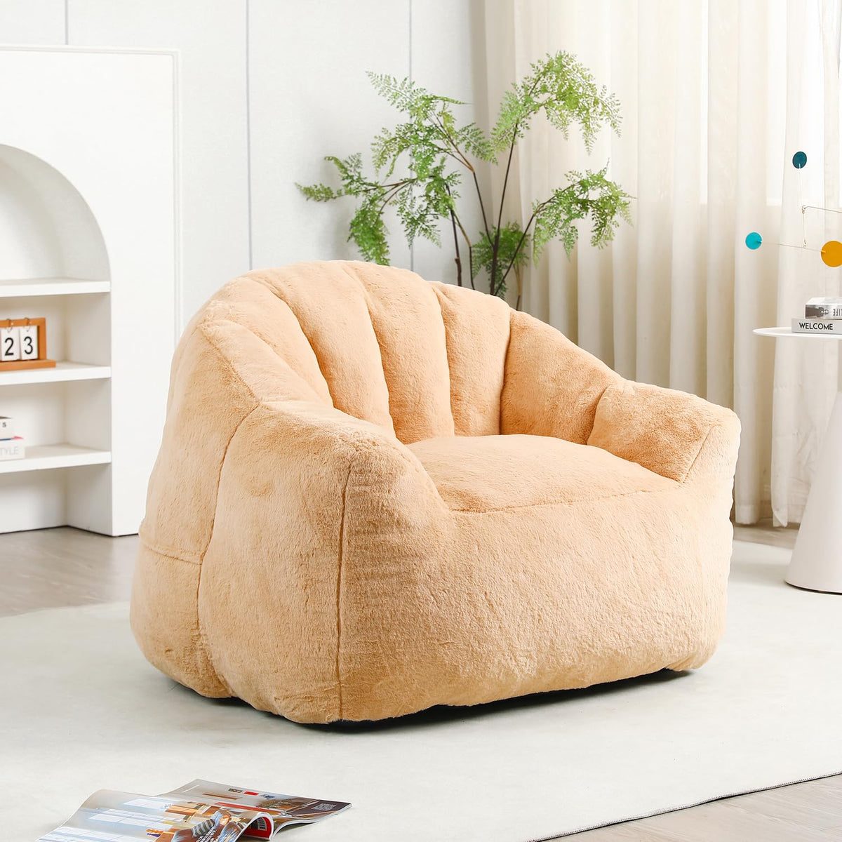 Bean Bag Chair with Arms for Adults - Furry Lazy Sofa, Armrests Stuffed High-Density Foam Filler Chair, Small Cozy Reading in Bedroom Living Room and Dorms (Pink)