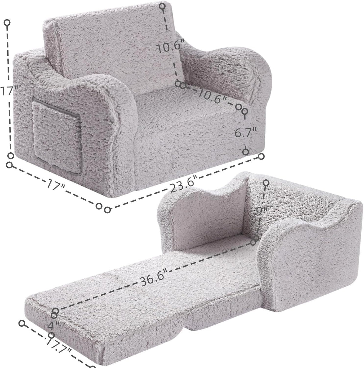 MOMCAYWEX Kids Sofa Chair, 2-in-1 Foldable Couch, Sherpa, Grey