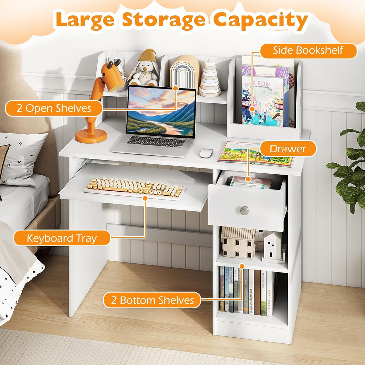 GLACER Kids Desk, Wooden Children Study Table with Hutch, Drawer, Storage Shelves & Keyboard Tray for Home School Writing, Drawing or Reading, White Computer Workstation Writing Table for Girls Boys