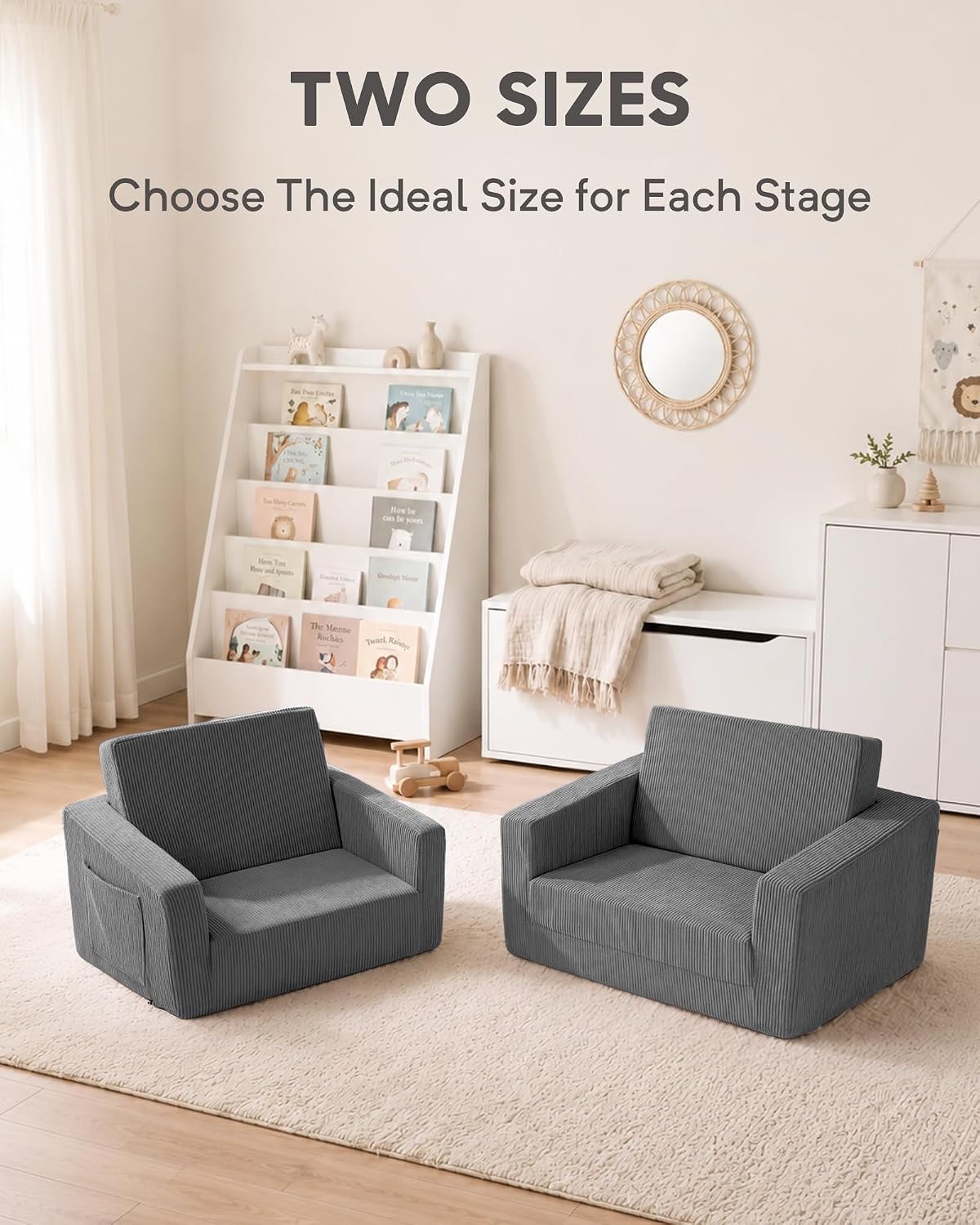 2-in-1 Kids Chair and Couch, Larger Cozy Corduroy Kids Sofa, Grey