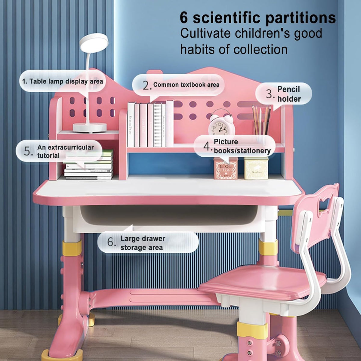 Kids Study Desk and Chair Set, Height Adjustable Children School Study Desk with Castle Backboard,Ergonomic Small Desks Widened Desktop, Study Table with Bookstand Storage Drawer (Pink)