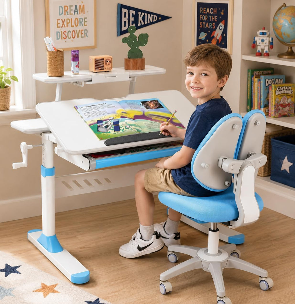 COSVALVE Adjustable Kids Desk & Ergonomic Chair Set with Drawer Bookstand