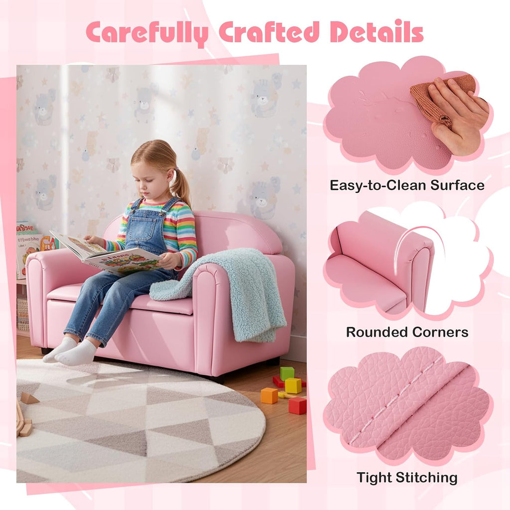HONEY JOY Kids Sofa, 2 Seats Couch Armrest Chair, Toddler Lounge Bed with Wood Frame, Storage Box, Children Sized Sofa for Living Room, Bedroom (Pink)