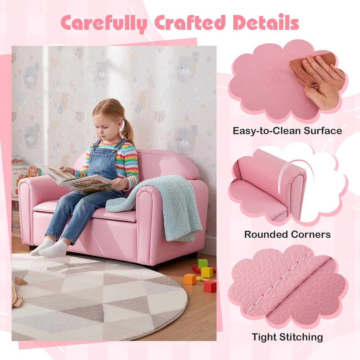 HONEY JOY Kids Sofa, 2 Seats Couch Armrest Chair, Toddler Lounge Bed with Wood Frame, Storage Box, Children Sized Sofa for Living Room, Bedroom (Pink)