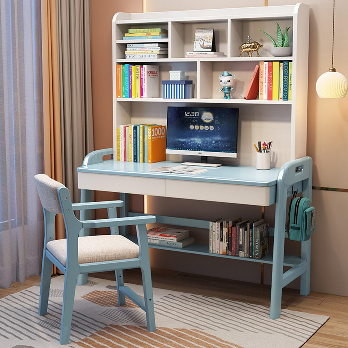 Kids Desk with Bookshelf, Height Adjustable Childrens Desk and Chair Set for 8-12 Year Old, Student Desk with Shelves, Drawer and Hooks, Large Storage Walnut Color 100cm Desk