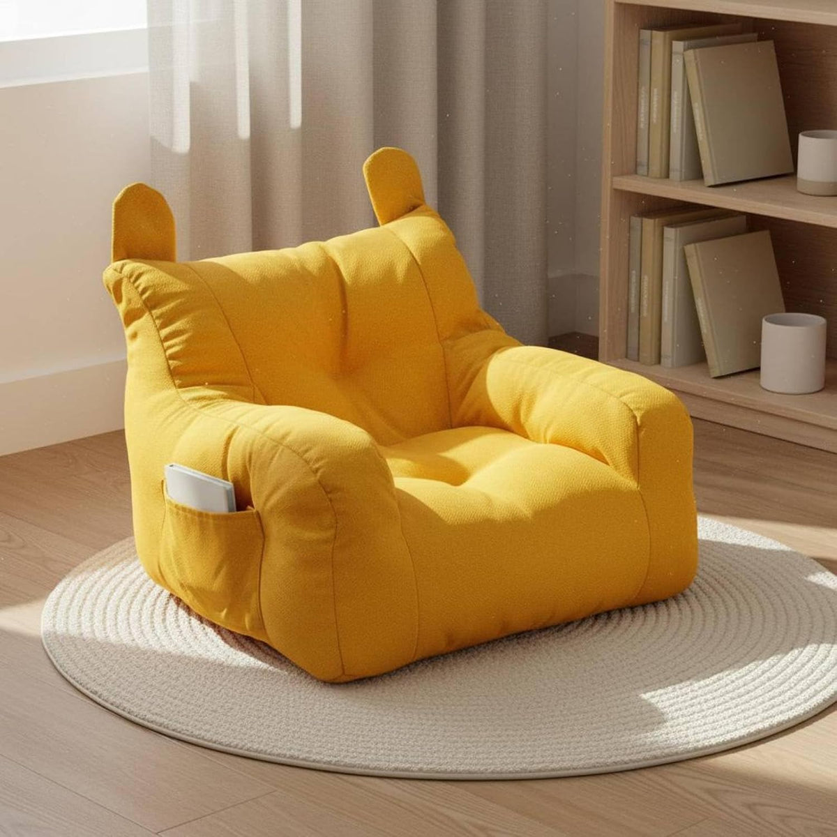Children Reading Sofa Armchair Lounge Chair Bear Seat Soft Linen Upholstered Cushion Wooden Frame Suitable for Bedroom Living Room Nursery, Green