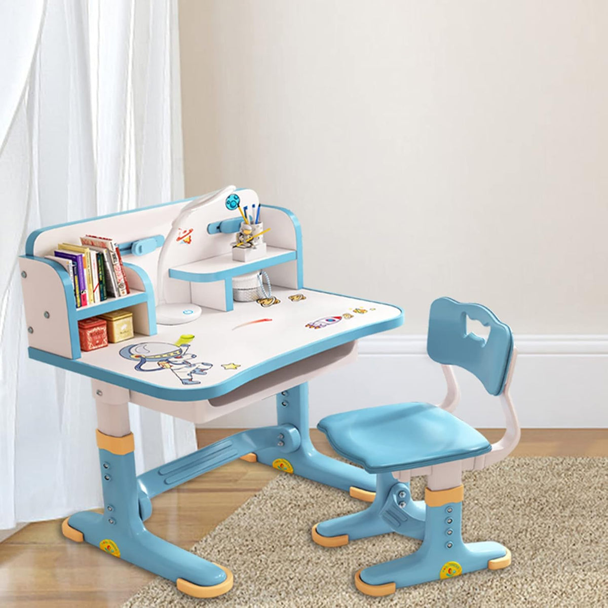 Kids Adjustable Study Desk & Chair Set, Pink Girl Desk, Child Toddler Homework Table, Princess Children Preschool Desk for Computer Writing Homework, Escritorio Mesas para Niña (Blue)