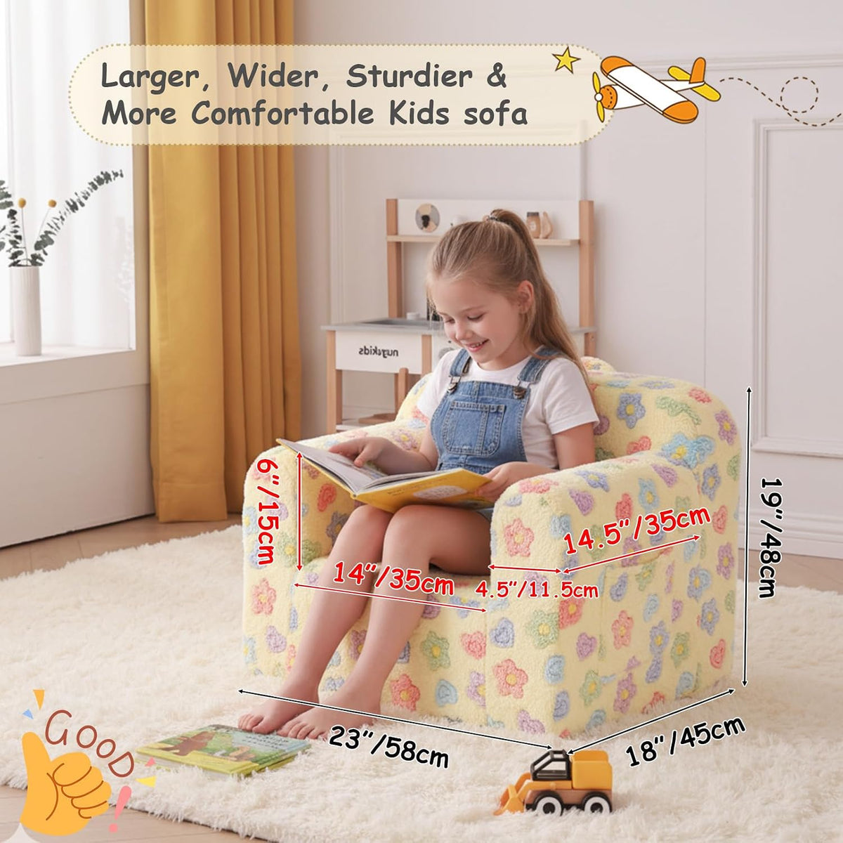 Tiita Kids Sofa, Childrens Couch with Carry Handle, Portable Toddler Foam Sofa Couch, Lightweight Kids Chair for Playroom, Dorm Room, Small Space, Flower
