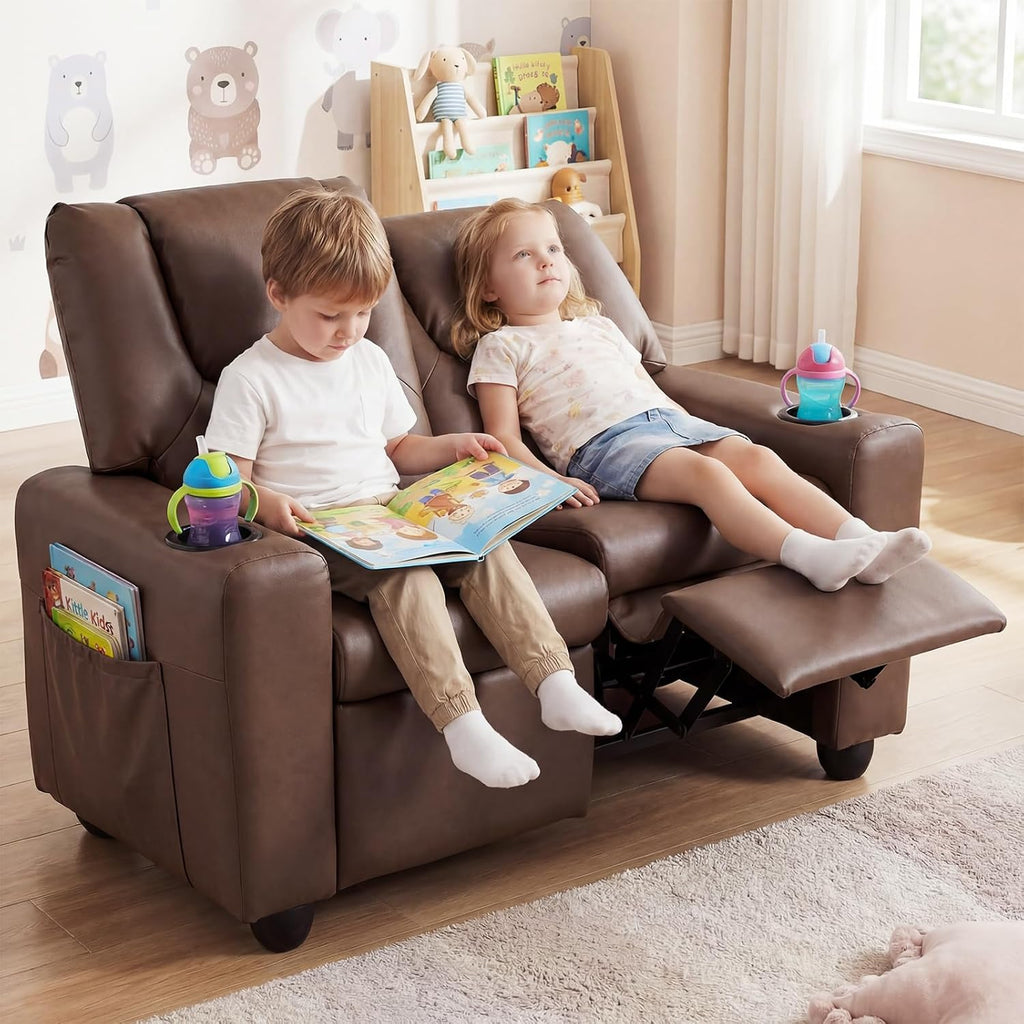 Costzon 2-Seater Kids Recliner, PU Leather Kids Loveseat w/2 Cup Holders & 2 Side Storage Pockets, Toddler Lounge Sofa Chair Couch w/Adjustable Backrest & Footrest for Girls & Boys 3+ Years Old Gifts