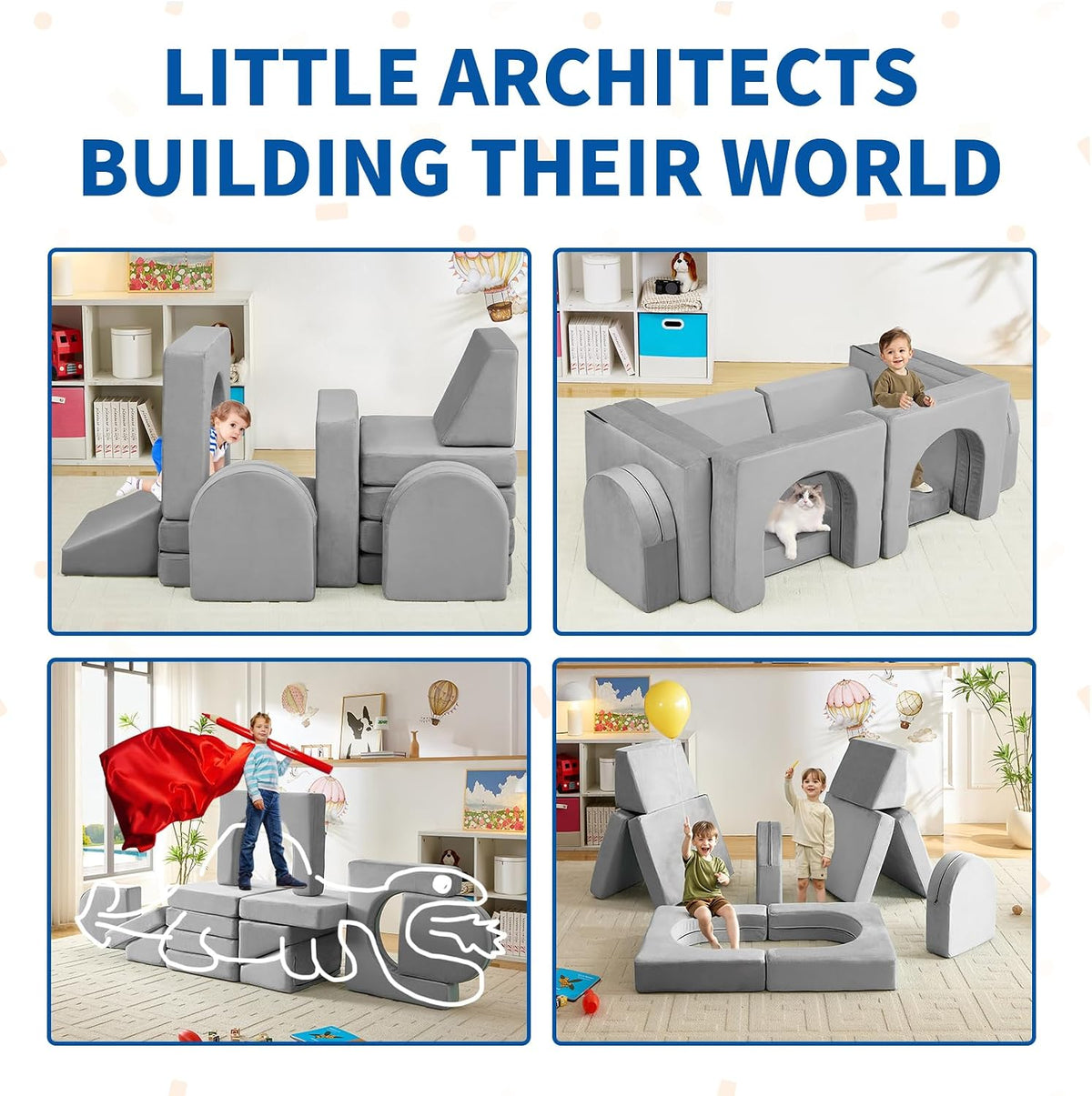 wanan Kids Couch 13PCS, Modular Kids Play Couch for Playroom Bedroom, 13 in 1 Multifunctional Kid Sofa for Playing, Creativing, Sleeping, Indoor Toddler Couches for Boys and Girls(Grey)