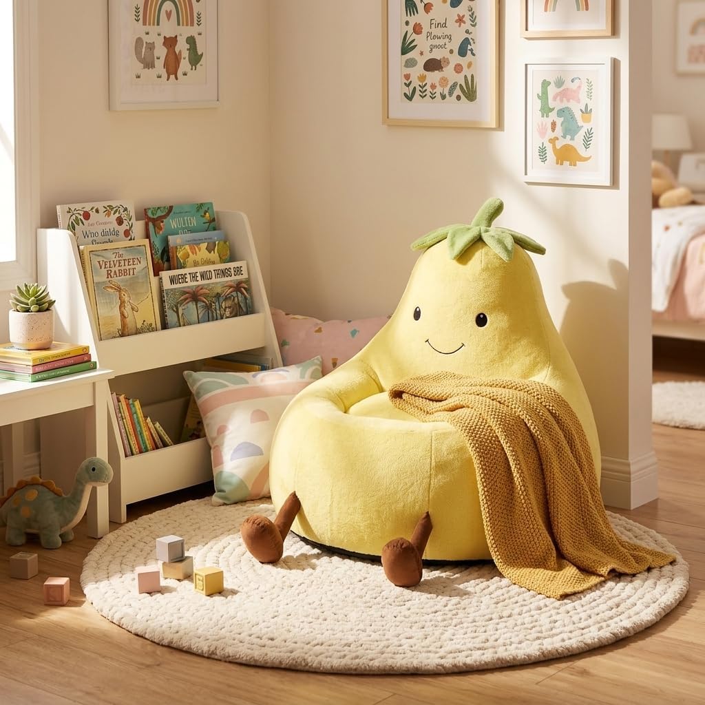 Kids Bean Bag Chair, Yellow Cartoon Animal Plush Floor Sofa with Faux Rabbit Fur Cover, Comfy Reading Chair for Toddlers & Teens, 24 Inch