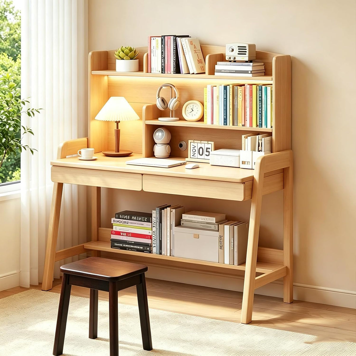 Kids Study Desk with Hutch and Storage Drawers, 3-Level Height Adjustable Children's Writing Table with 2 Drawers, Solid Wood Kids for Bedroom, Home Study Area, Reading Corner (Natural Color)