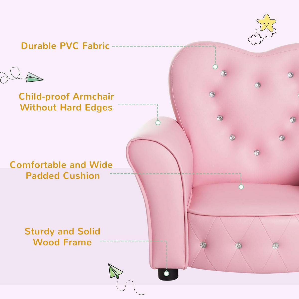 Qaba Kids Sofa Tufted Princess Chair for Preschool Child Pink
