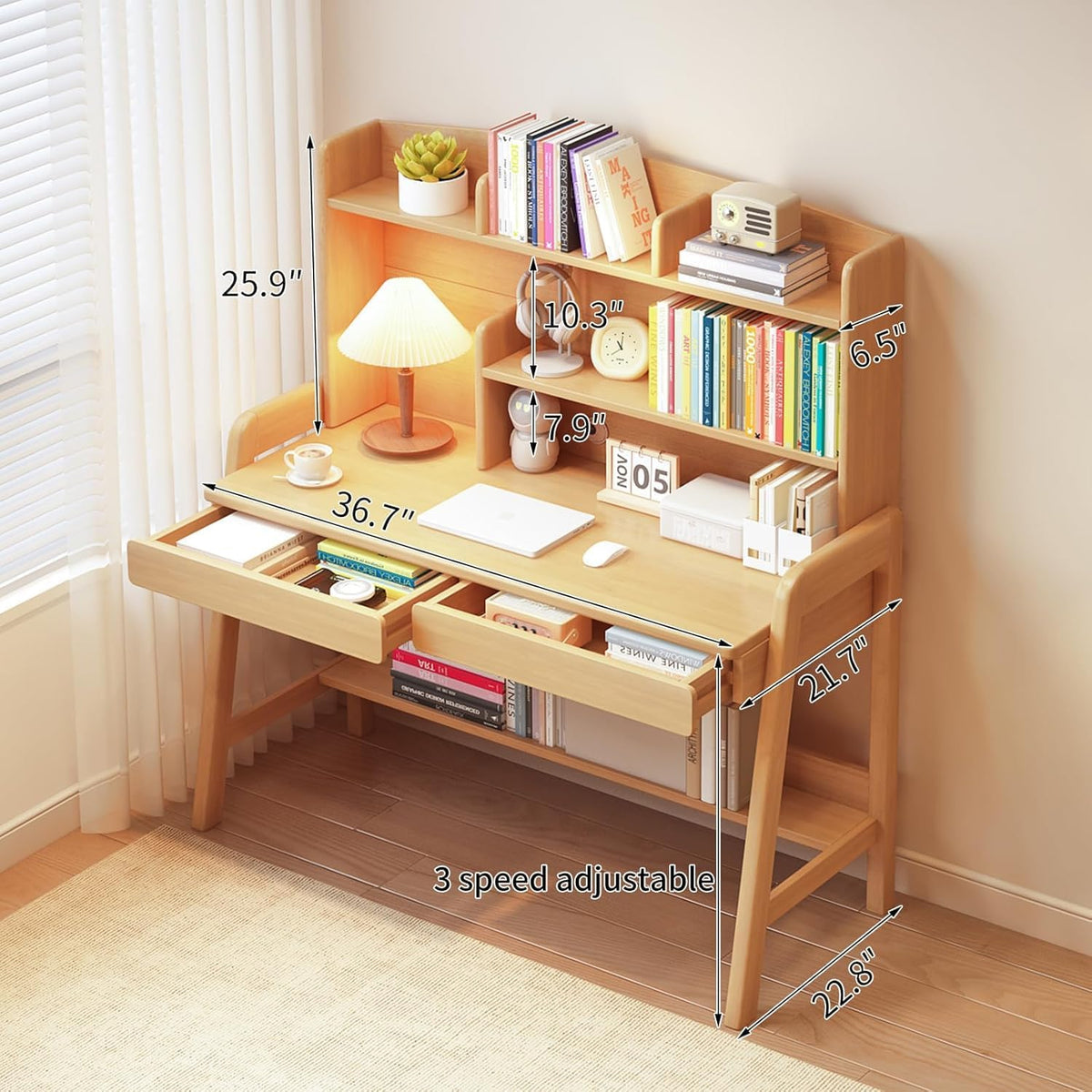 Kids Study Desk with Bookshelf＆Two Drawers for 3-8 Years Old, Height Adjustable Child's School Study Writing Tables Wooden Children's Study Table & Small Writing Desk for Boys and Girls, Natural