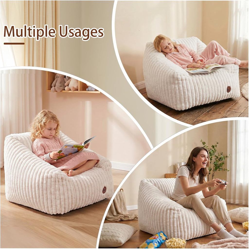 Small Kids Bean Bag Chair,Memory Foam Filled Bean Bags with Beige Stripe Plush Bean Bag Sofa Removable&Washable Cover for Reading Gaming Bedroom Living Room Playroom