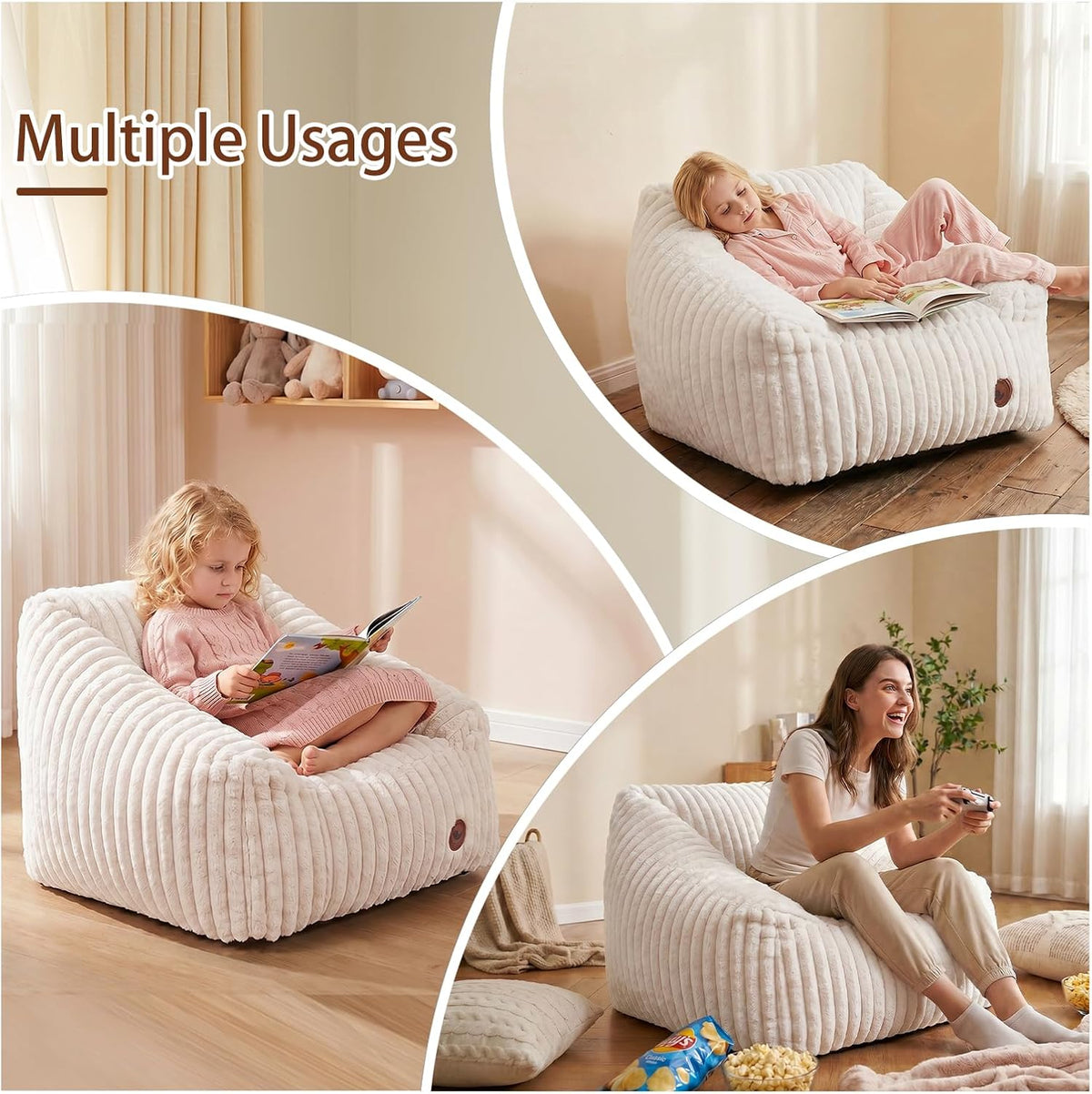 Small Kids Bean Bag Chair,Memory Foam Filled Bean Bags with Beige Stripe Plush Bean Bag Sofa Removable&Washable Cover for Reading Gaming Bedroom Living Room Playroom