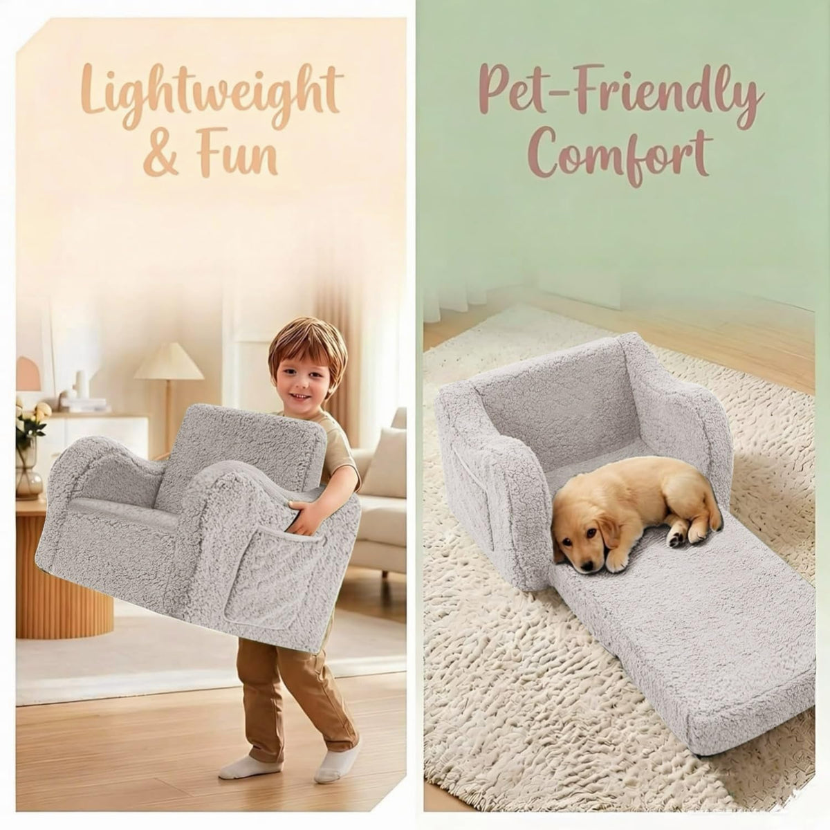 MOMCAYWEX Kids Sofa Chair, 2-in-1 Foldable Couch, Sherpa, Grey