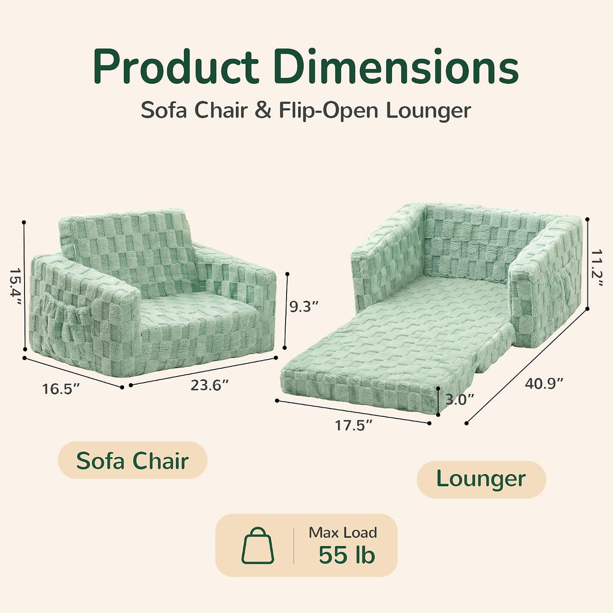 Toddler Couch for Kids, 2-in-1 Kids Fold Out Couch with Flip Open Sofa Lounger, Soft Flannel Kids Sofa Chair for Playroom Bedroom, Green
