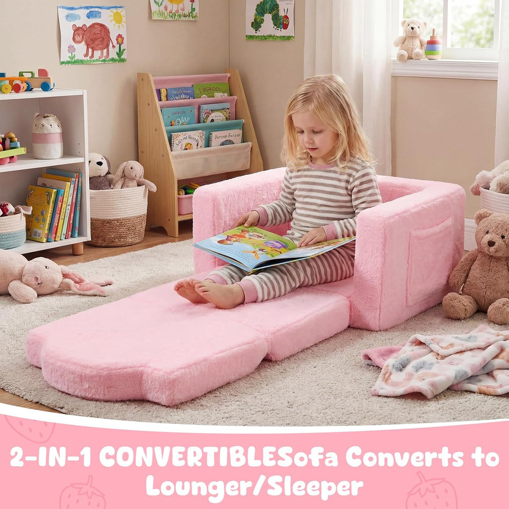 Novabright Kids Chair or Couch, 2-in-1 Soft Foldable Couch, Strawberry