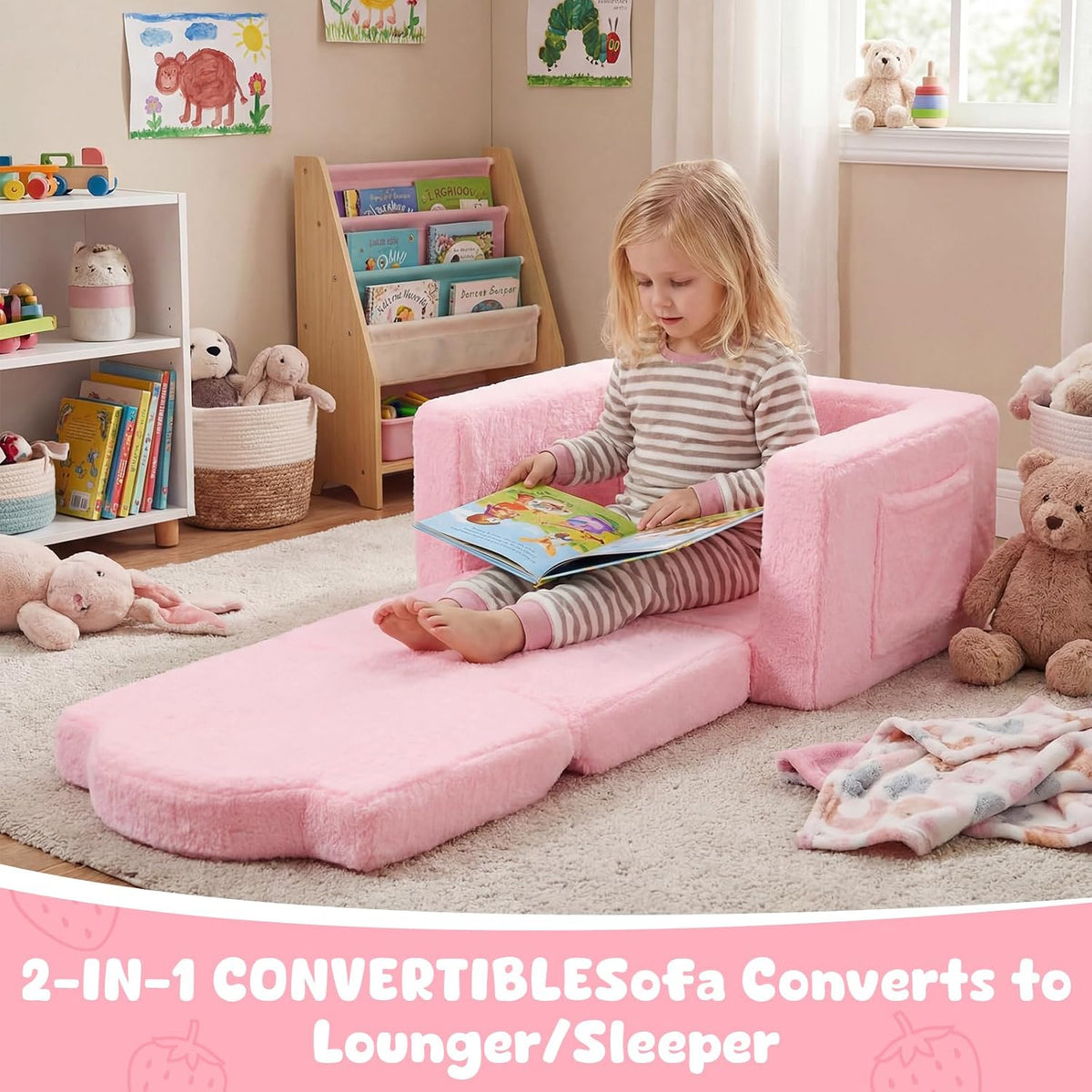Novabright Kids Chair or Couch, 2-in-1 Soft Foldable Couch, Strawberry