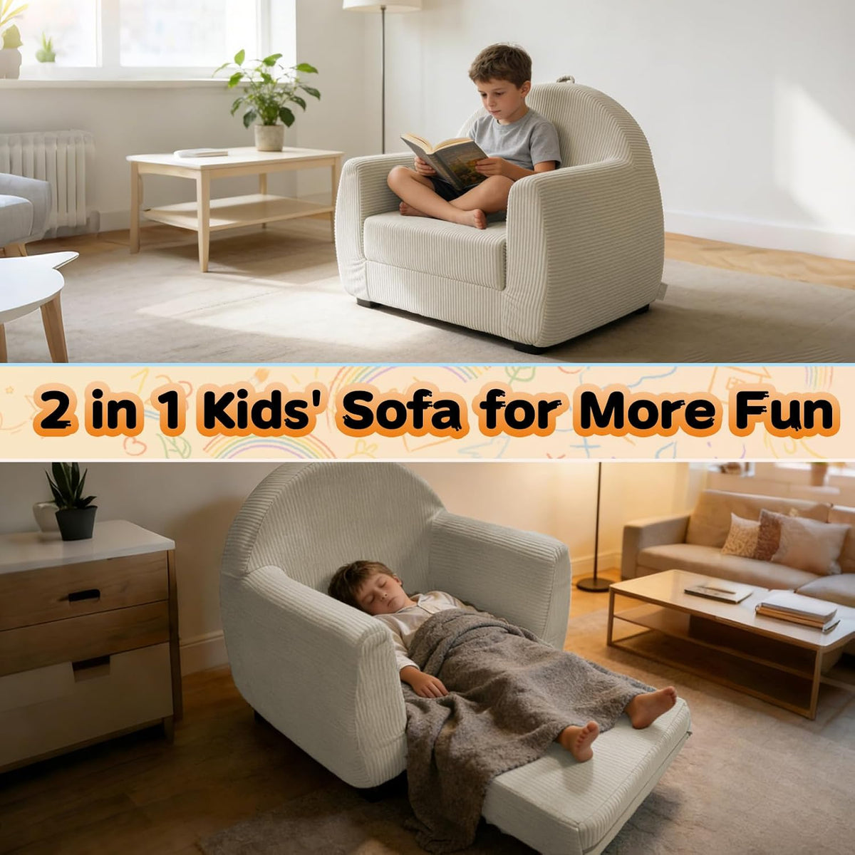 Toddler Couch, Soft Kids Couch Bed Fold Out, 2-in-1 Kids Chairs Comfy, Toddler Chairs 1-8 Years Old, Toddler Chairs Comfy, Kid Sofa Lounge Chair(100% Polyester, Beige White, 27.5"×17.7"×20.8")