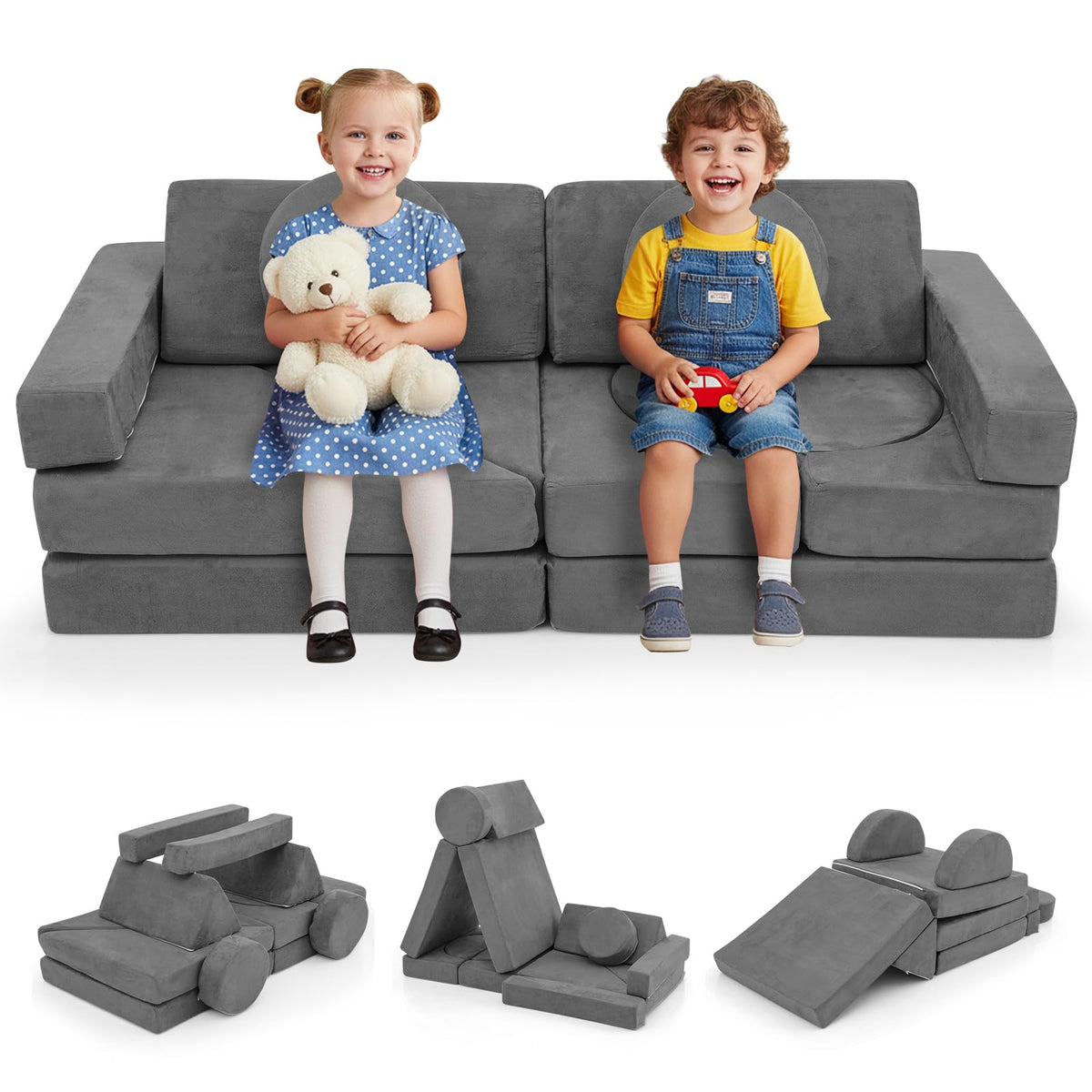 Costzon 14 PCS Modular Kids Play Couch, Child Sectional Sofa, Versatile Toddler Soft Building Blocks Sofa Playset for Playroom Bedroom, Convertible Foam and Floor Cushion for Boys Girls Gifts (Yellow)