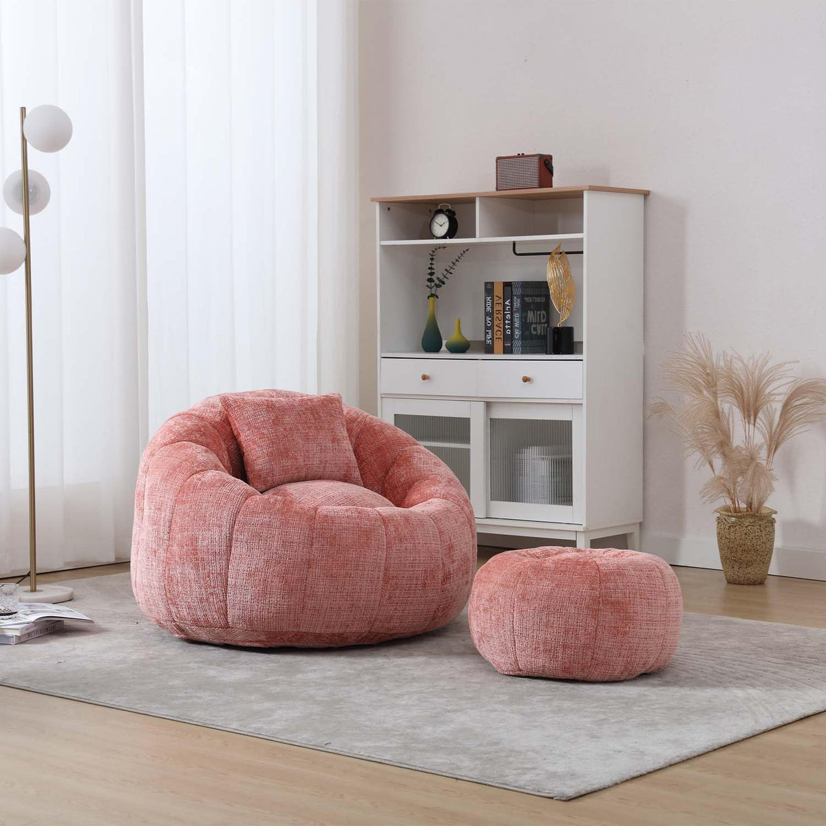 Round Cloud Bean Bag Chair, Leisure Floor Single Seater with Ottoman, Plush Chenille Sofa Chair, Lazy Bean Bag Chairs for Bedroom, Apartment and Living Room (Orange)