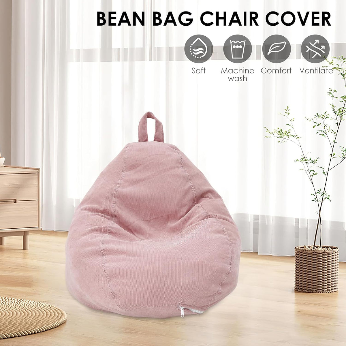 Bean Bag Chair Cover No Filler, Soft Corduroy Bean Bag Cover, Plush Toys Organizer Holder, Comfortable Beanbag Chairs Cover with Handle Stuffed Animal Bean Bag for Kids Adults Plush Toys (Pink)