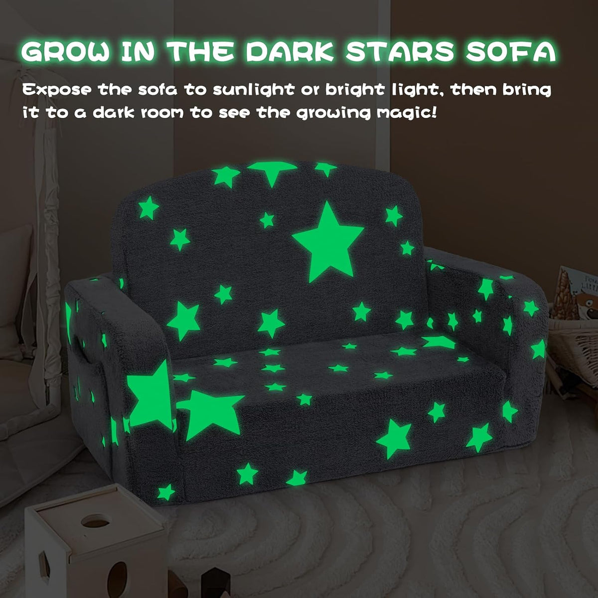 Foryoomi Extra Wide Kids Couch, 2-in-1 Soft Toddler Couch with Blanket, Glow in The Dark, Comfy Toddler Chair, Convertible Sofa, Star