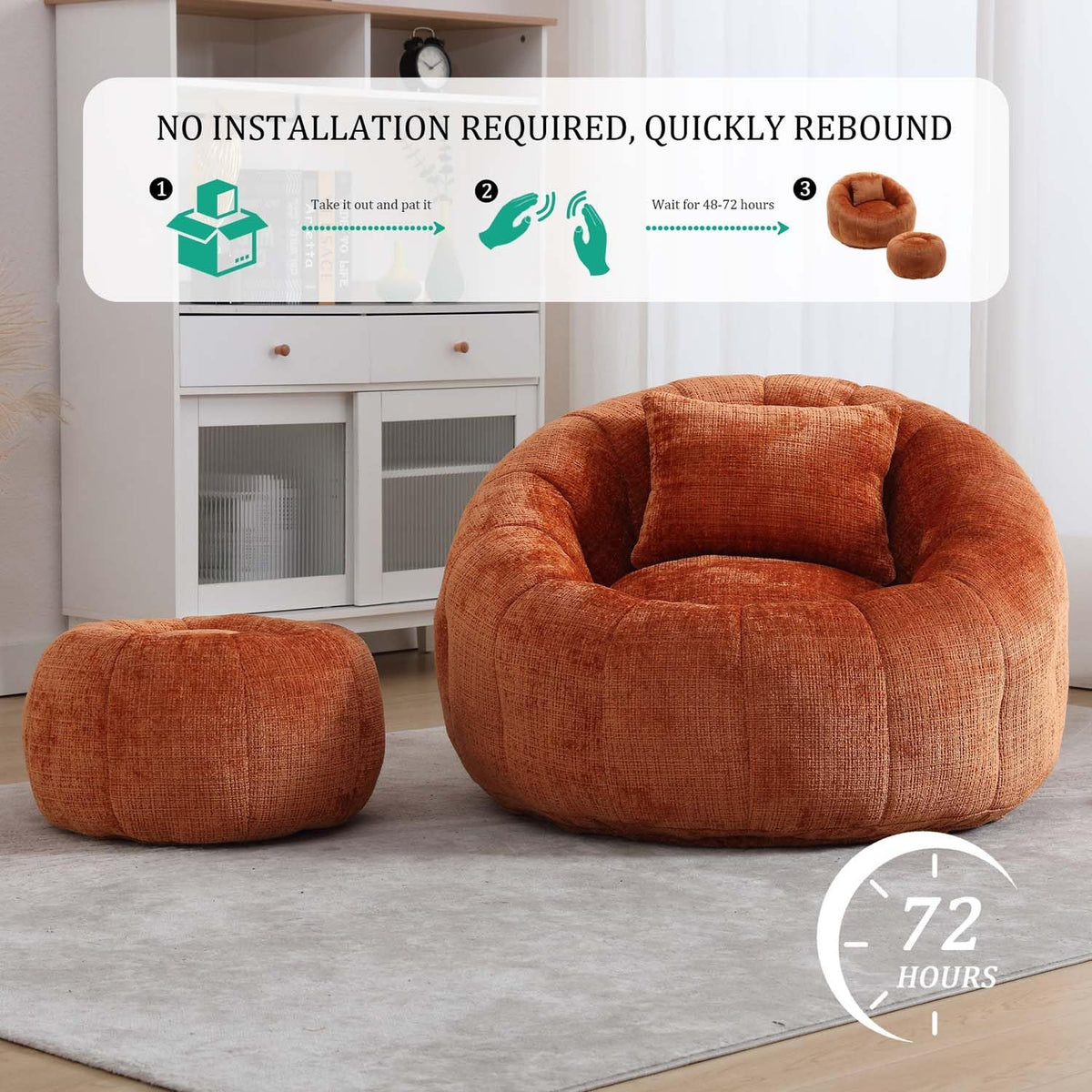 Round Cloud Bean Bag Chair, Leisure Floor Single Seater with Ottoman, Plush Chenille Sofa Chair, Lazy Bean Bag Chairs for Bedroom, Apartment and Living Room (Orange)