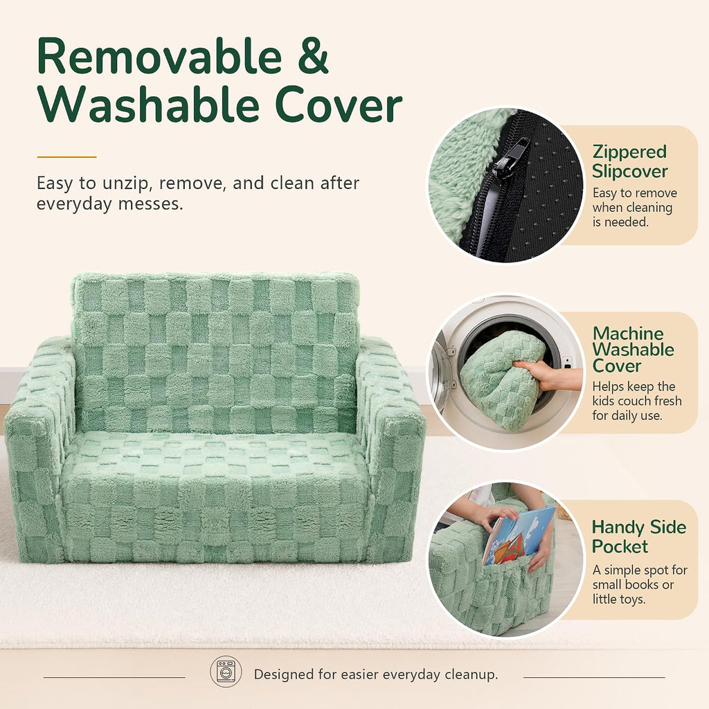 Toddler Couch for Kids, 2-in-1 Kids Fold Out Couch with Flip Open Sofa Lounger, Soft Flannel Kids Sofa Chair for Playroom Bedroom, Green