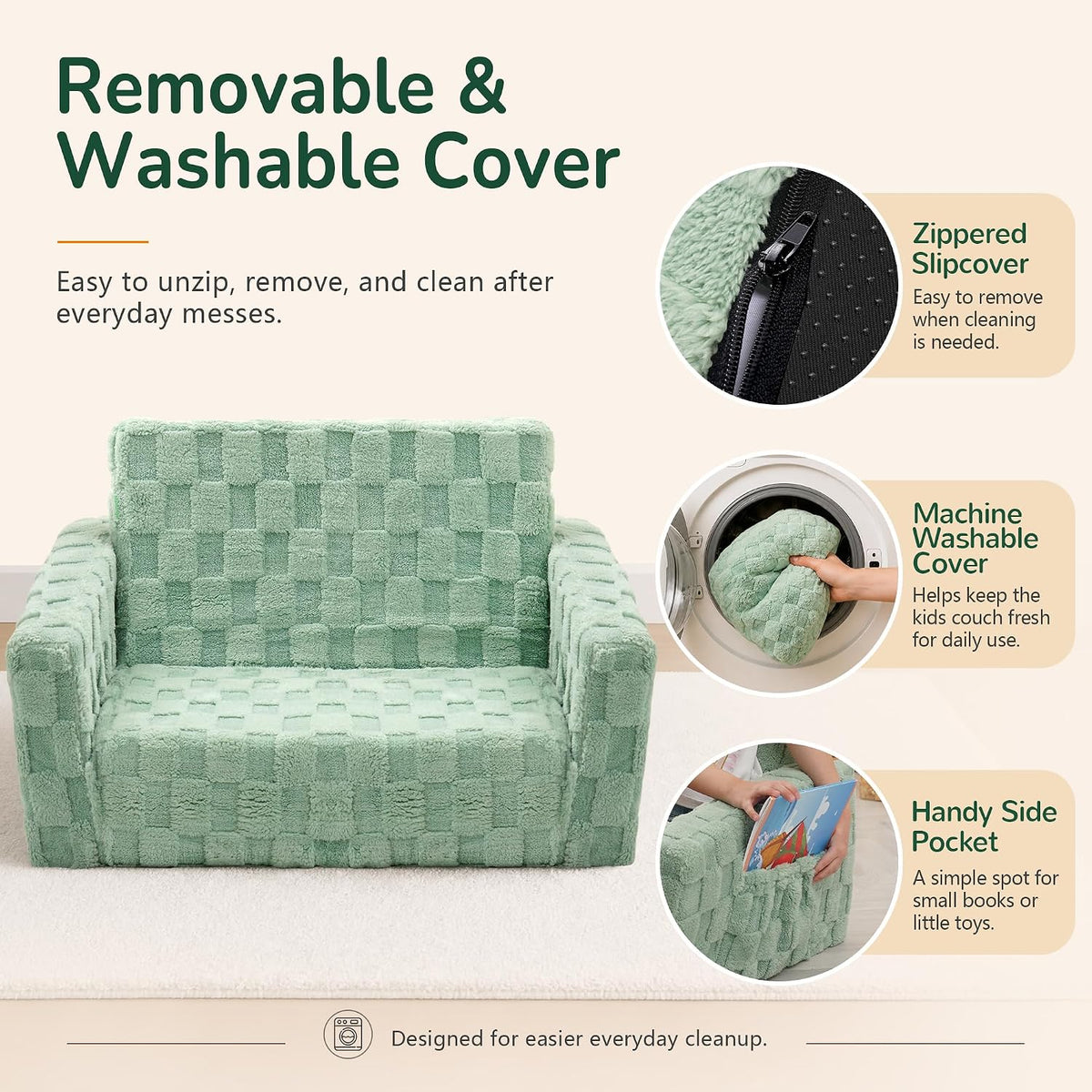 Toddler Couch for Kids, 2-in-1 Kids Fold Out Couch with Flip Open Sofa Lounger, Soft Flannel Kids Sofa Chair for Playroom Bedroom, Green