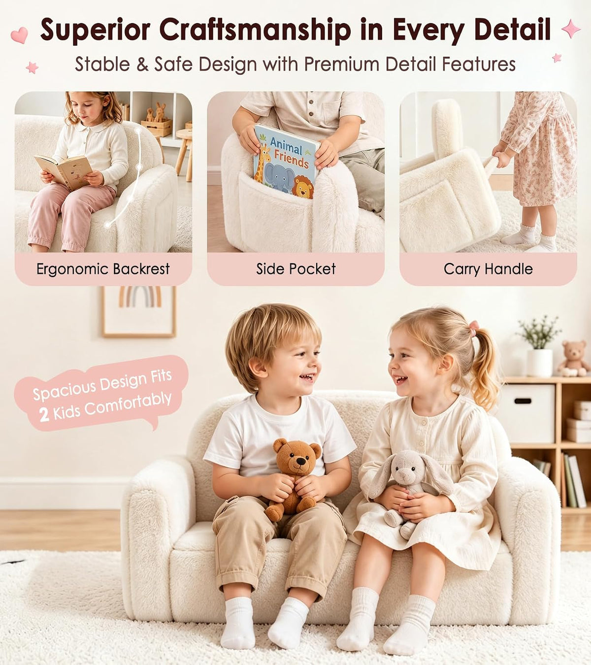 Foryoomi 2-in-1 Kids Plush Kids Couch, Extra Wide Toddler Couch with Bonus Blanket – Ultra-Thick Faux Fur Convertible Sofa Chair, Fold-Out Play Mat, Side Pocket & Carry Handle, Beige