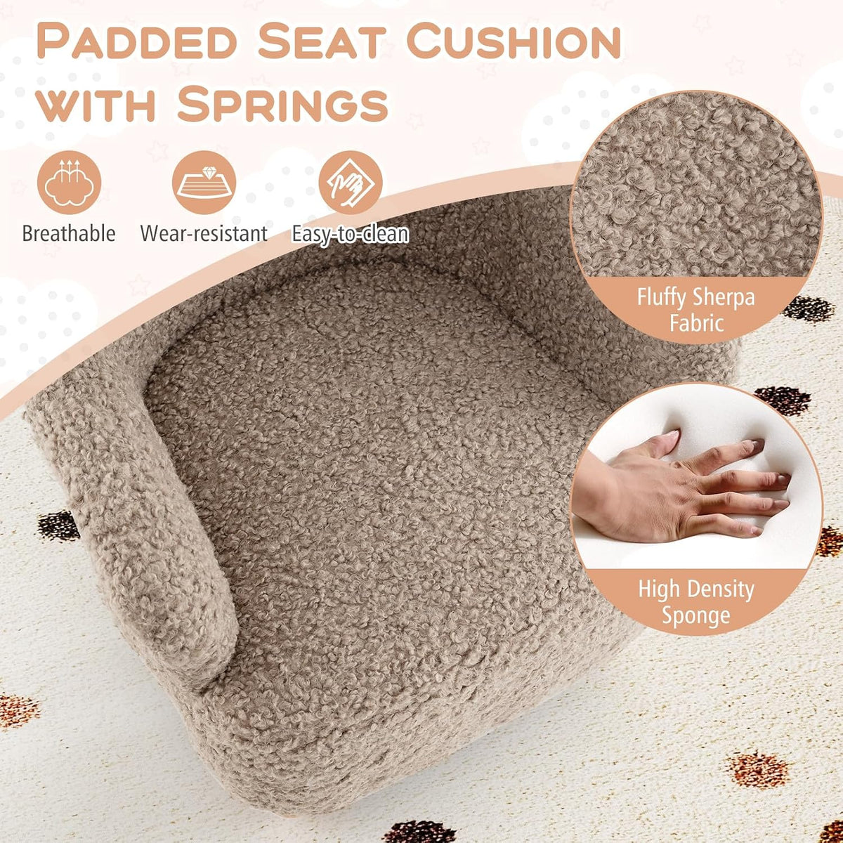 HONEY JOY Toddler Couch, Comfy Kids Chair w/Solid Wooden Frame & Sherpa Fabric, Upholstered Armchair Preschool Furniture, Baby Couch for Playroom, Kids Sofa for Girls Boys (Brown)