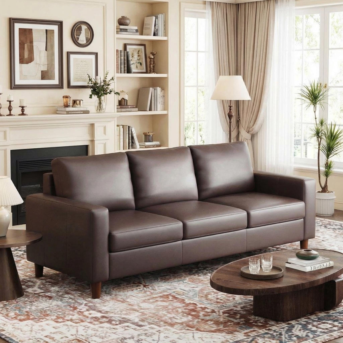 GarveeLife 85" Mid Century Modern PU Leather Sofa, 3 Seater Couch with Deep Seat & Cushions, Faux Leather Living Room Sofa for Apartment, Bedroom, Office, Orange