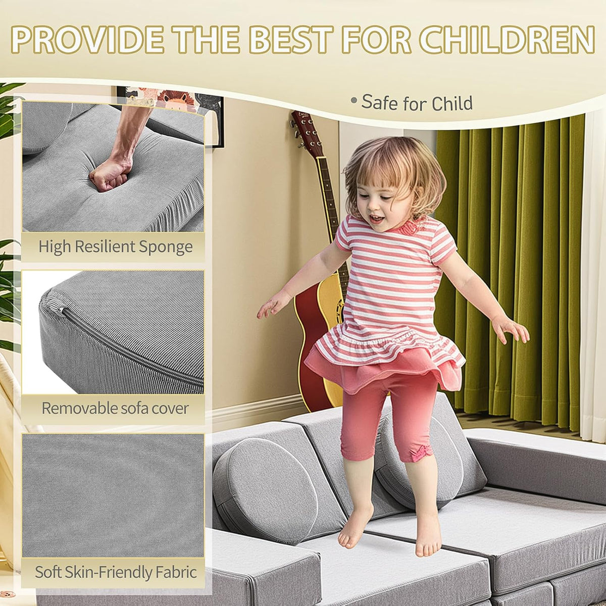 Karl home Kids Couch 14PCS, Modular Foam Toddler Sofa, Grey