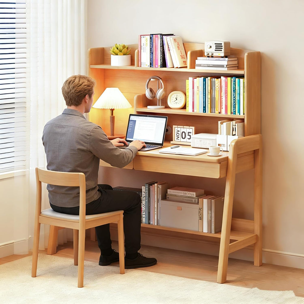 Kids Desk with Storage and Bookshelf, Solid Wood Study Desk for Kids