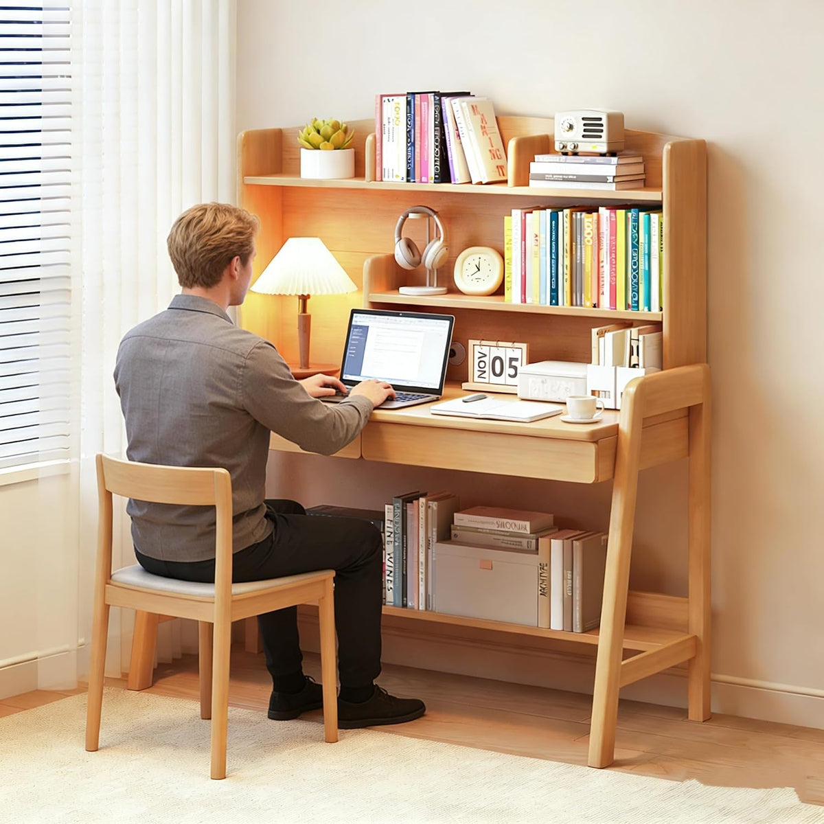 Kids Desk with Storage and Bookshelf, Solid Wood Study Desk for Kids
