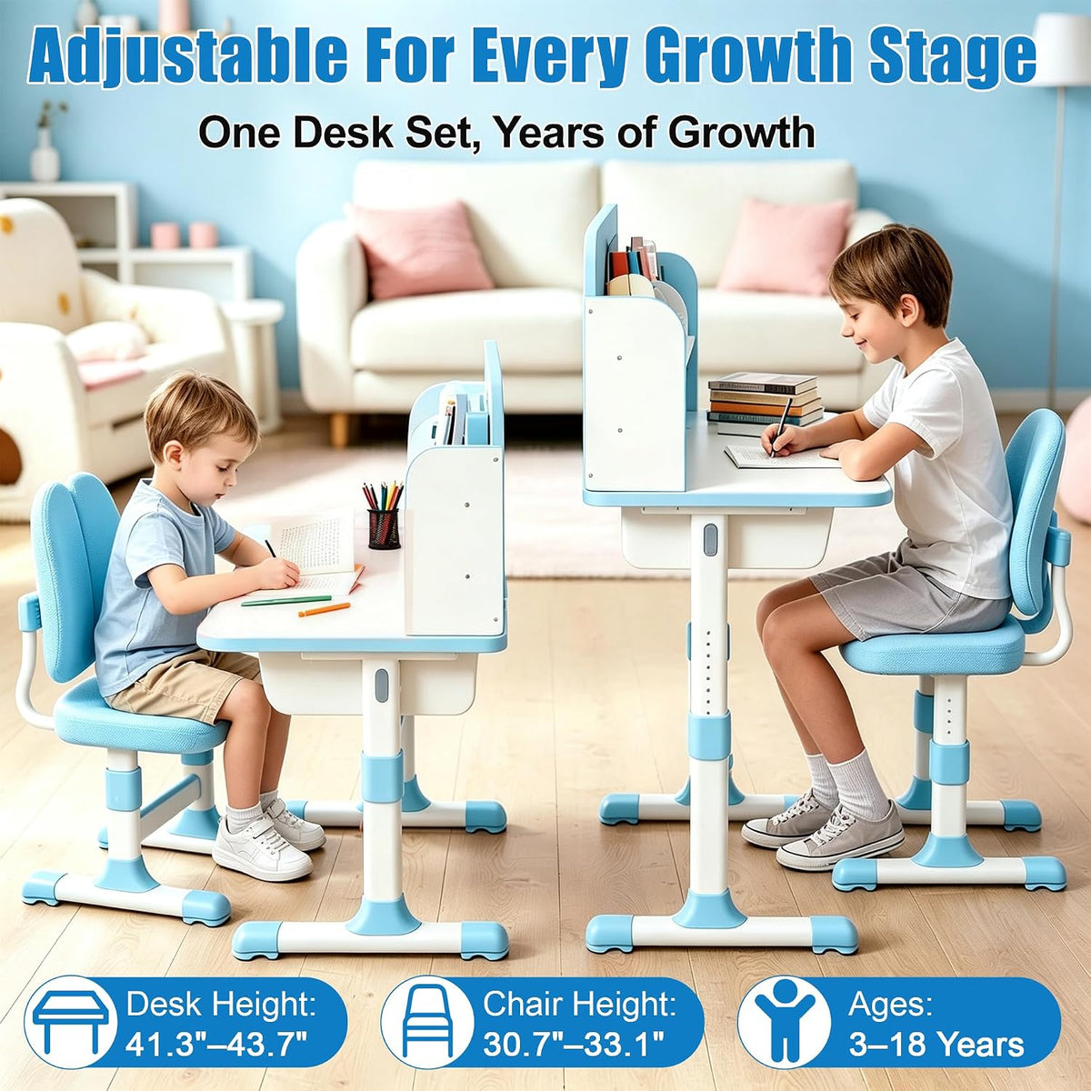 HEVIRGO Kids Desk and Chair Set, Height Adjustable Study Table with Drawer