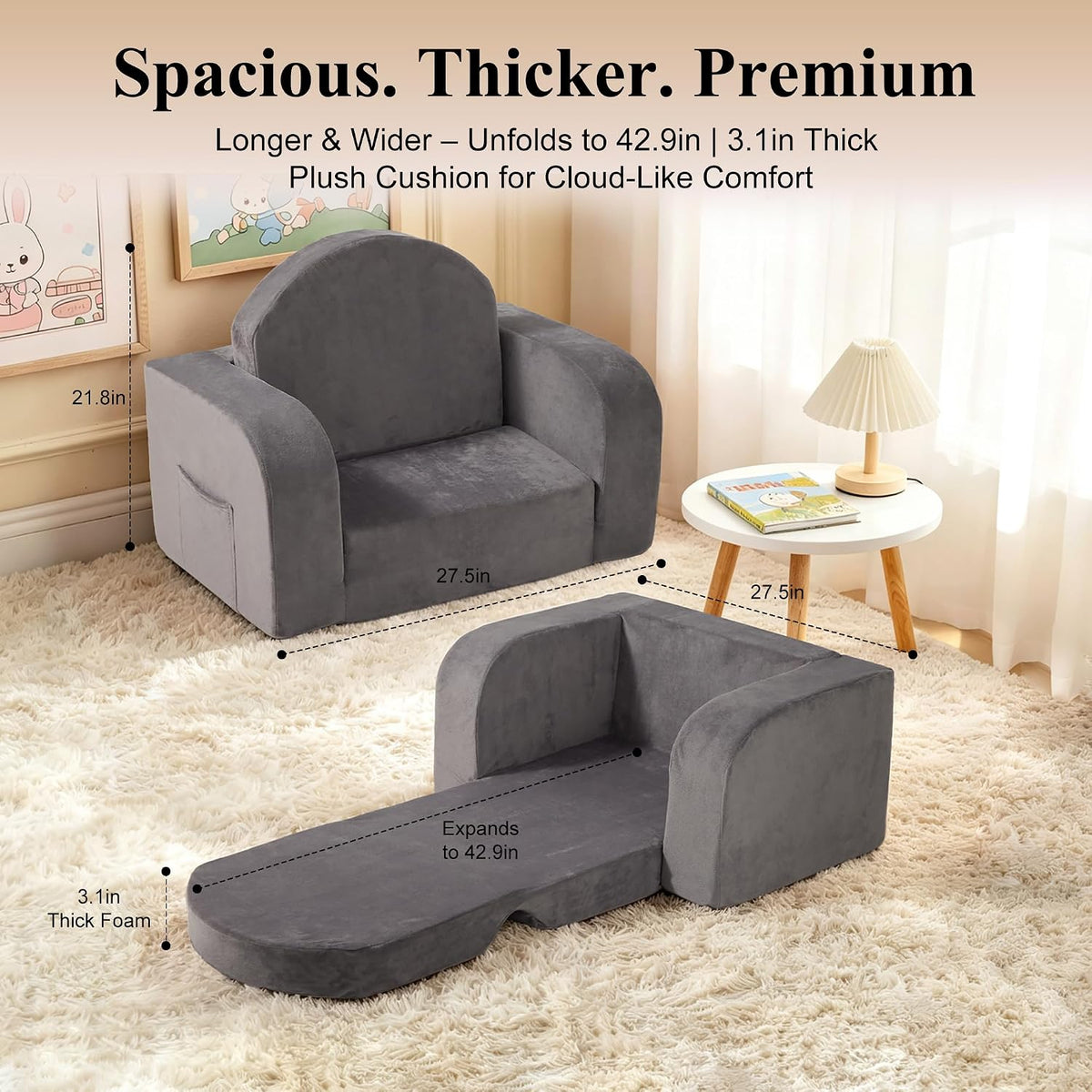 Kids Couch 2-in-1 Foldable Kids Couch, Grey