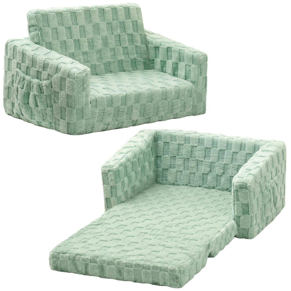 Toddler Couch for Kids, 2-in-1 Kids Fold Out Couch with Flip Open Sofa Lounger, Soft Flannel Kids Sofa Chair for Playroom Bedroom, Green