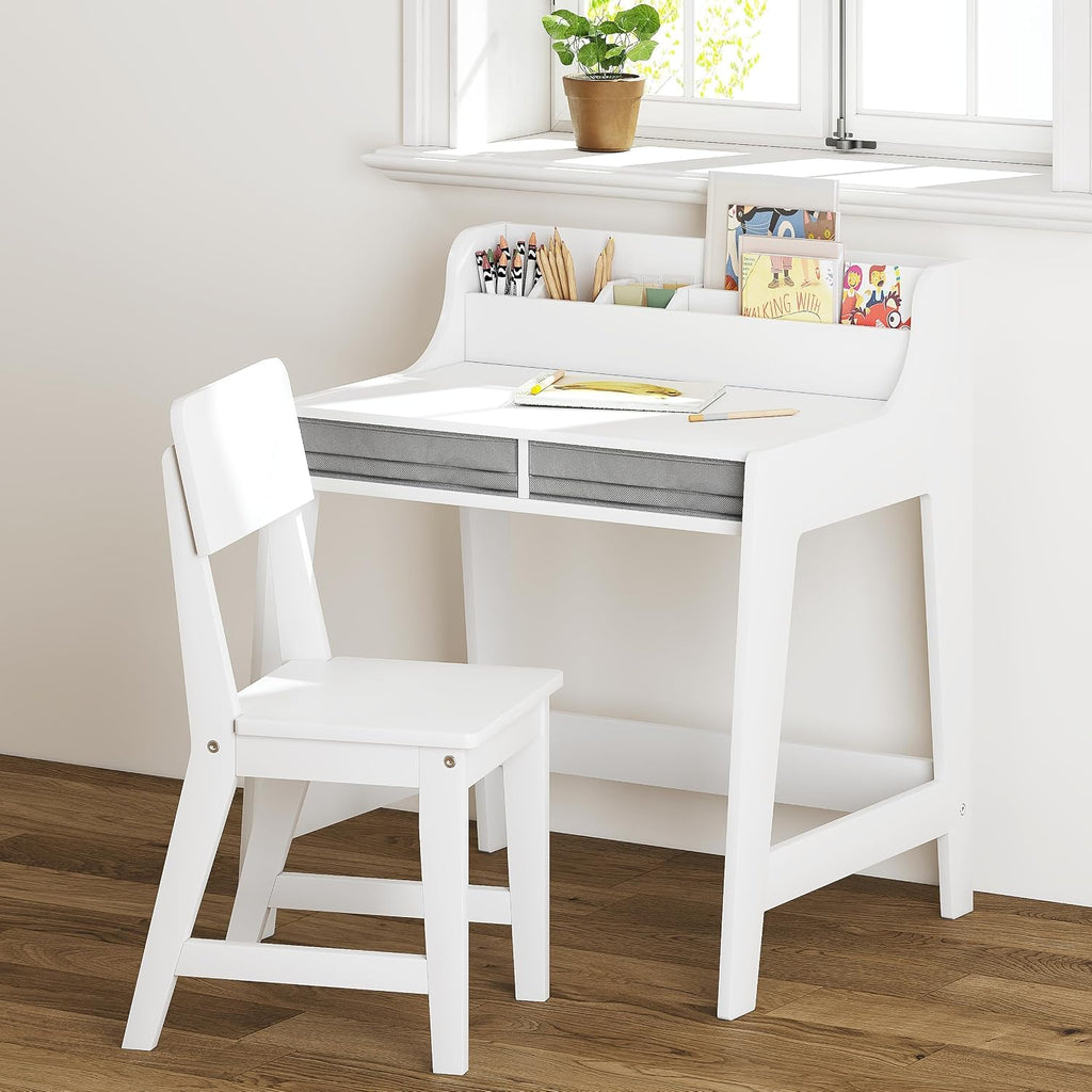 UTEX Wooden Kids Desk and Chair Set with 2 Fabrics Drawers for Study Room