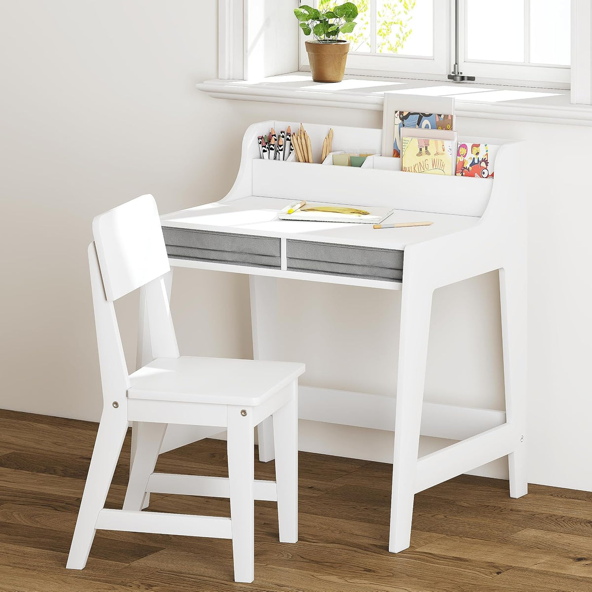 UTEX Wooden Kids Desk and Chair Set with 2 Fabrics Drawers for Study Room