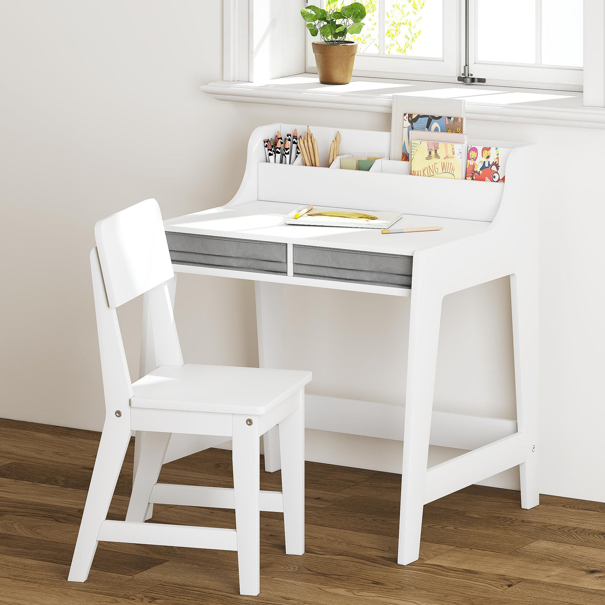 UTEX Wooden Kids Desk and Chair Set with 2 Fabrics Drawers for Study Room