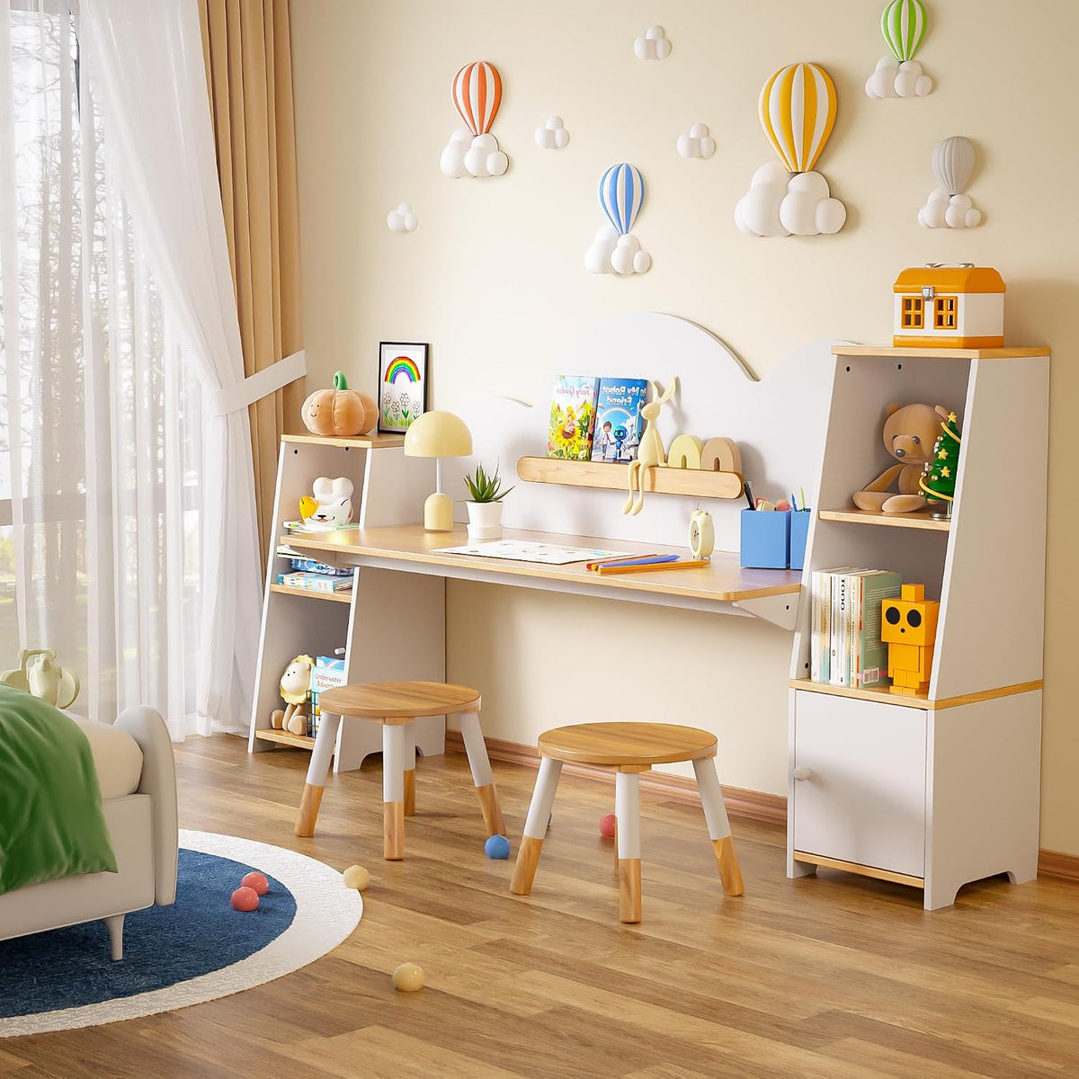 Betterhood Kids Study Desk and Chair Set with Storage, Student Study Desk, Children Study Table and Chair Set, Kids Study Desk with Bookshelves and 2 Stools, Ages 3-8, Boys, Girls, Toddler, Bedroom