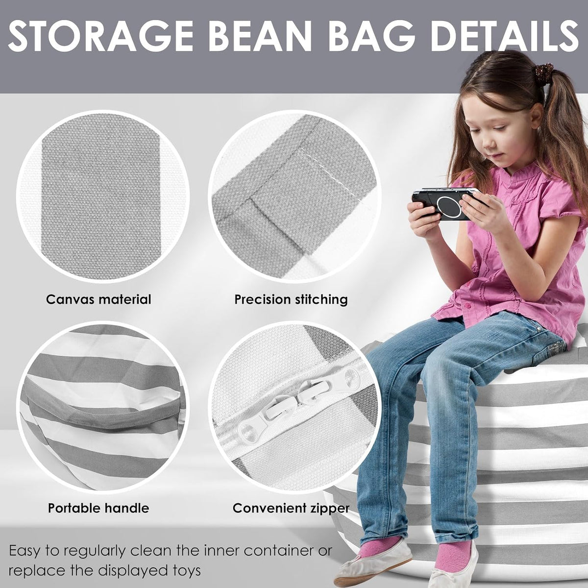 Bag Storage Chair Cover Versatile with Zipper, 38 in Long Stuffed Animal Storage Bean Bag Chair Cloth for Kids, Sturdy Beanbag Covers, Large Capacity Storages Bean Bags Cover for Organizing Things